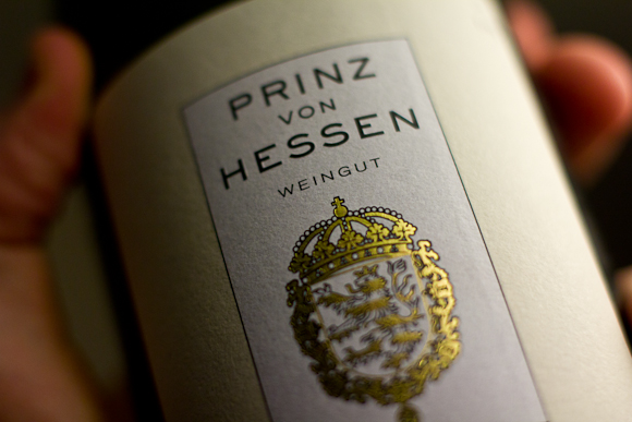 Closeup of the label of Prinz von Hessen Riesling, including a golden coat of arms
