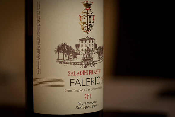 The label of this bottle of Falerio shows crest and vineyard