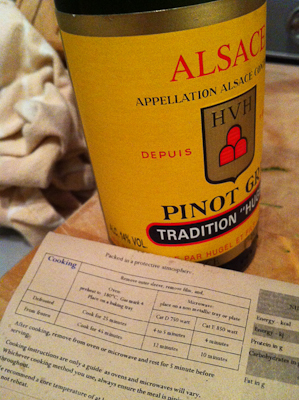 Bottle of Hugel Pinot Gris and some oven ready meal instructions
