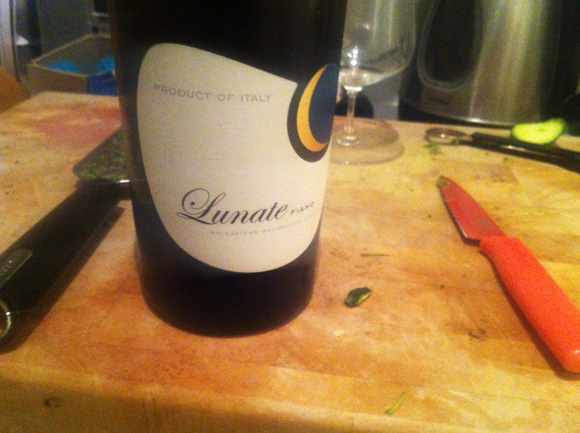 Bottle of Lunate Fiano on a chopping board